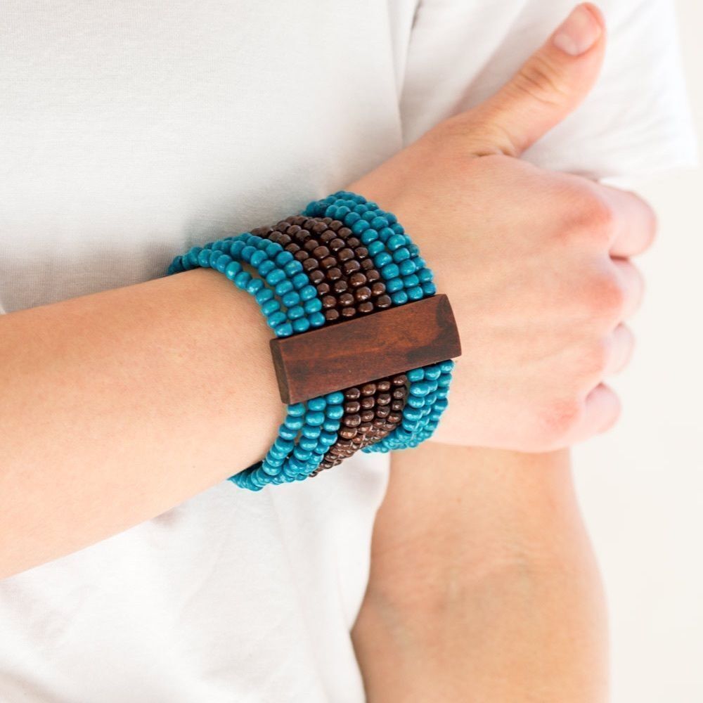 Wooden blue and brown stretchy band bracelet